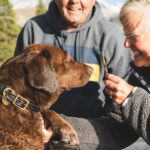 man in black jacket holding brown short coated dog