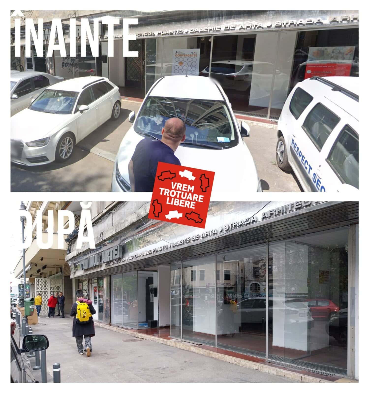 Cum a fost eliberat un trotuar din centrul Capitalei. „Facem petiții încă din 2022”. Foto: Vrem schimbare/ FB