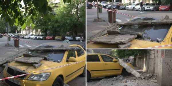 Balcon căzut pe stradă, în centrul Capitalei. Blocul este încadrat în clasa I de risc seismic. Foto: realitatea.net