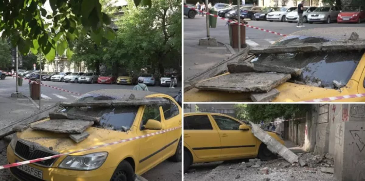 Balcon căzut pe stradă, în centrul Capitalei. Blocul este încadrat în clasa I de risc seismic. Foto: realitatea.net