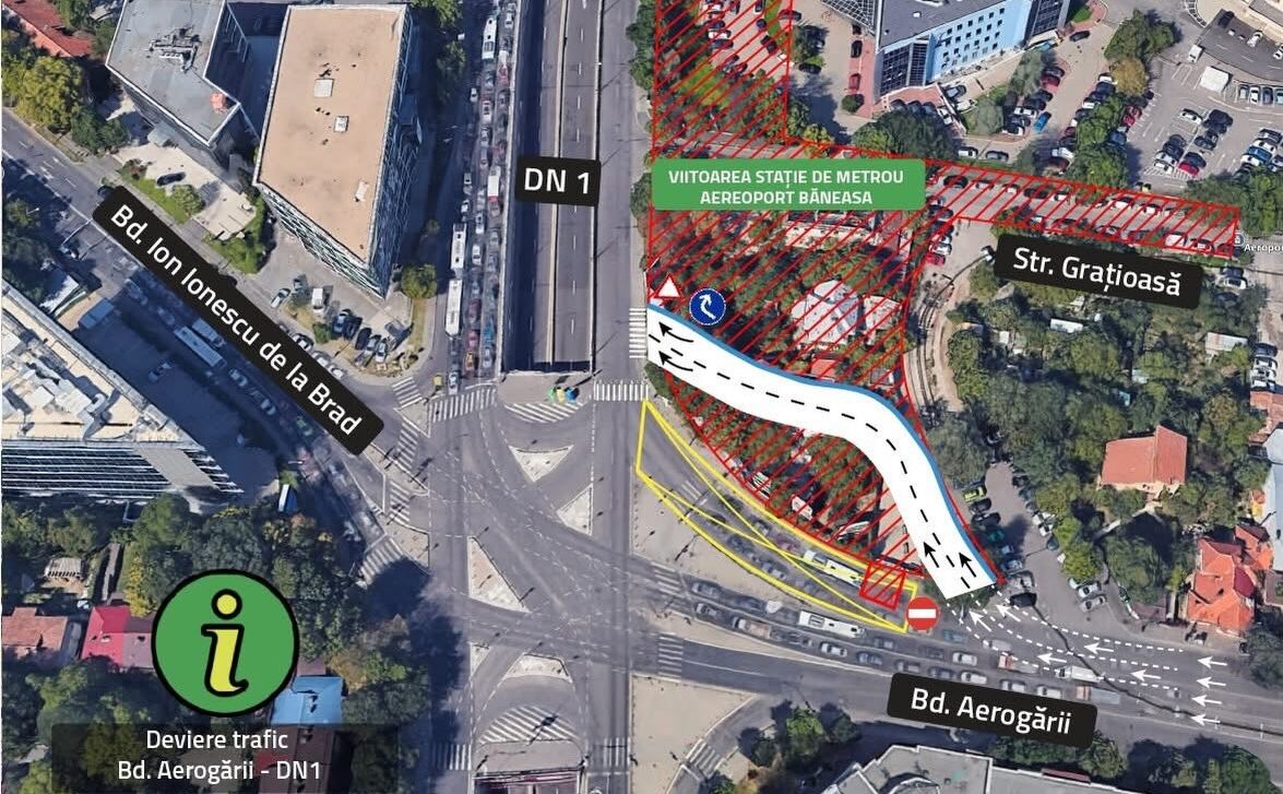 Modificări de circulație la intersecția DN1 - Bulevardul Aerogării, pentru lucrările la Magistrala M6