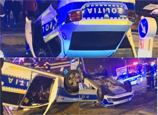 Polițistă ajunsă la spital după ce autospeciala în care se afla s-a răsturnat în urma unui accident