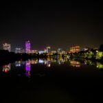 city skyline during night time