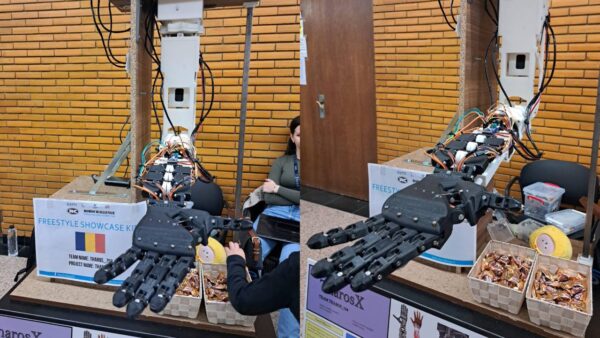 Mâna robotică identică cu cea umană, prezentată de elevii Colegiului Național „Sfântul Sava” din București. Foto Alexandru Stan